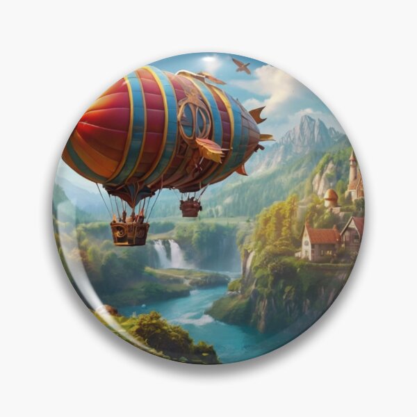 Item preview, Wings of Wonder: Airship Soaring Over Mountain River Town designed and sold by BlareBlare.