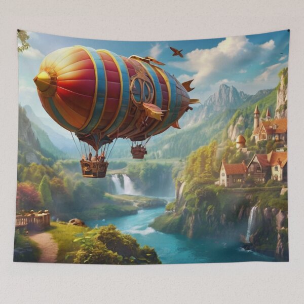Item preview, Wings of Wonder: Airship Soaring Over Mountain River Town designed and sold by BlareBlare.