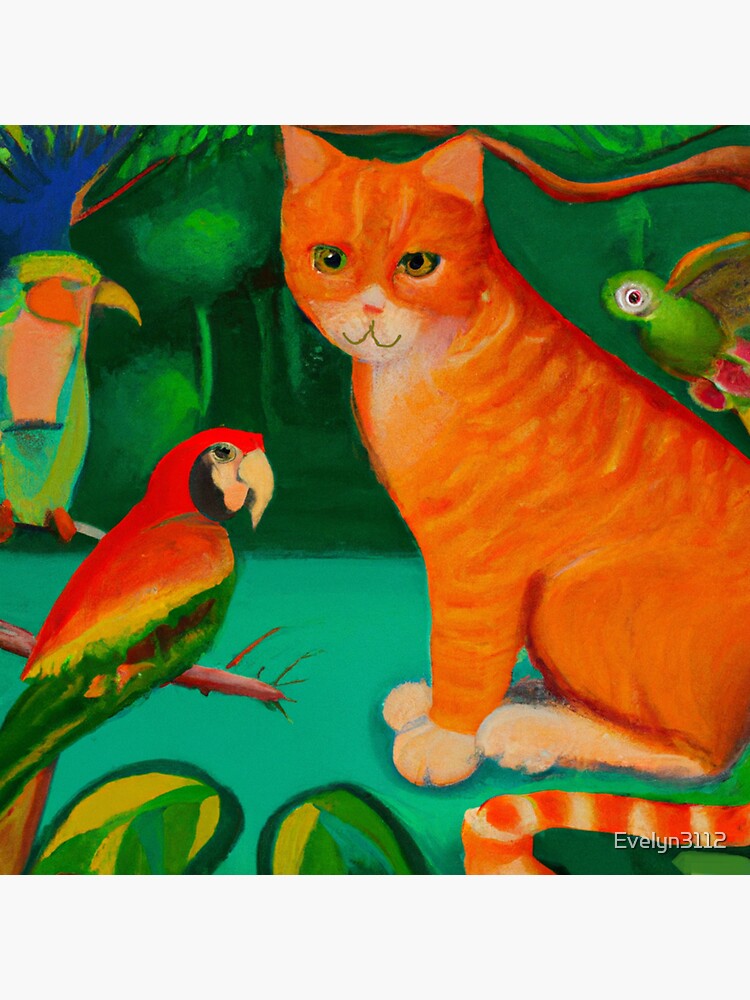 Thumbnail 3 von 3, Sticker, Rote Tigerkatze mit Papageien - Ginger Cat with Parrots designt und verkauft von Evelyn3112.