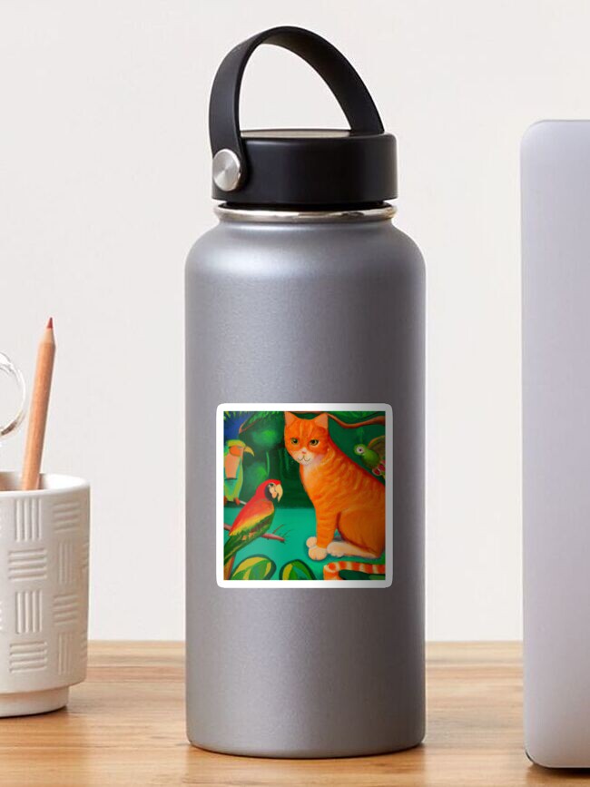 Thumbnail 1 von 3, Sticker, Rote Tigerkatze mit Papageien - Ginger Cat with Parrots designt und verkauft von Evelyn3112.