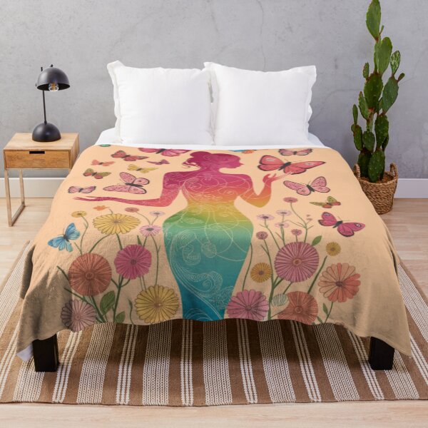 Item preview, a female silhouette with intricate, swirling patterns in hues of pink, blue, and green. Surrounding this figure are a plethora of colorful butterflies of various sizes and patterns. designed and sold by 123ks.
