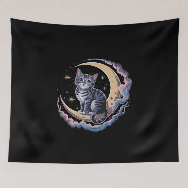 Item preview, Whimsical Cat Sitting on a Crescent Moon with Stars designed and sold by love3617.