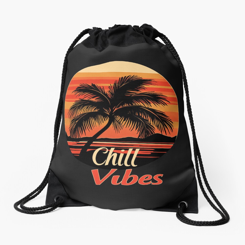 Drawstring Bag Chill Vibes Retro Palm Tree Sunset Design