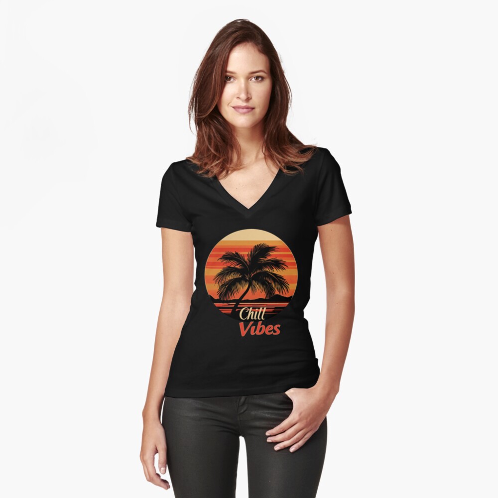 Fitted V-Neck T-Shirt: Chill Vibes Retro Palm Tree Sunset