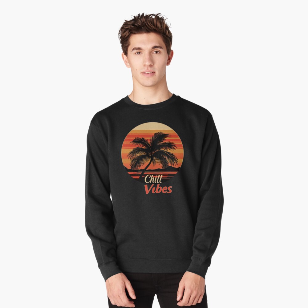 Pullover Sweatshirt - Chill Vibes Retro Palm Tree Sunset Design