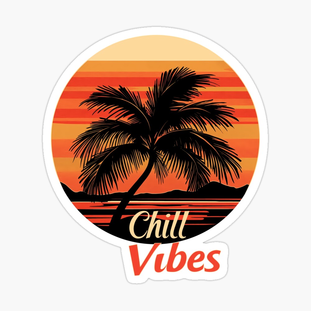 Glossy Sticker: Chill Vibes Retro Palm Tree Sunset