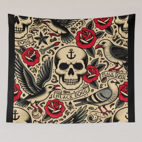 Item preview, Traditional Tattoo Skull T-Shirt – Vintage Horror & Day of the Dead Style skull design inspired by old school traditional tattoos horror day of the dead style pattern classic t-shirt   designed and sold by blackdoggdesign.