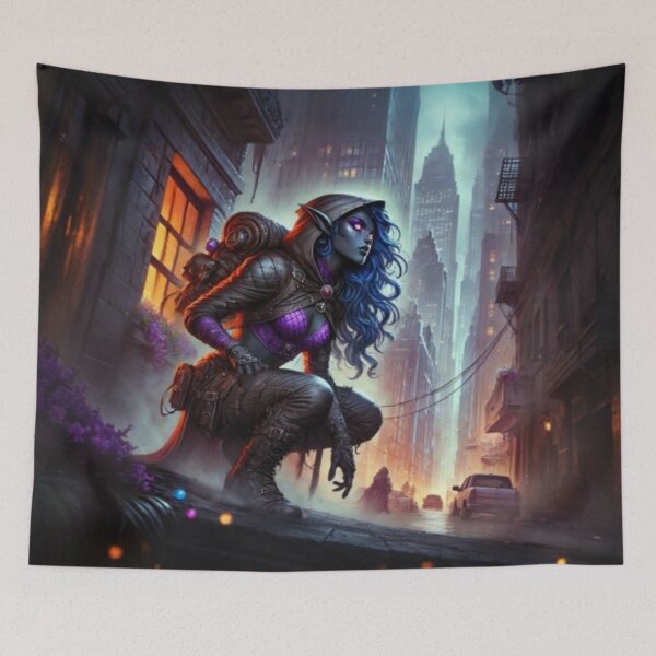 Item preview, AI generated drow on mission, dystopian fantasy designed and sold by AI-this-is-AI.