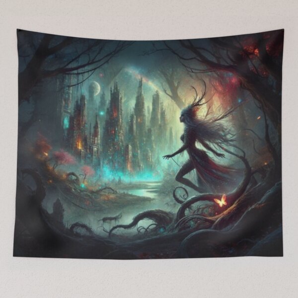 Item preview, AI generated forest nymph watching over city, dystopian fantasy designed and sold by AI-this-is-AI.