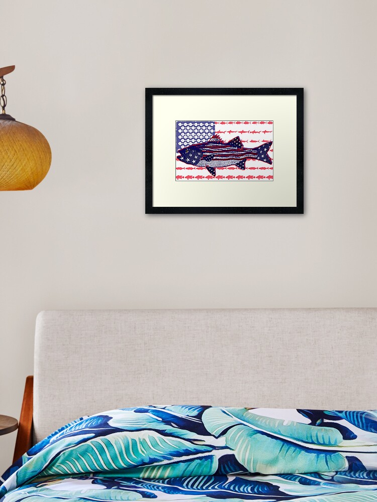 American flag Striped bass Fishing flag Framed Art Print for Sale