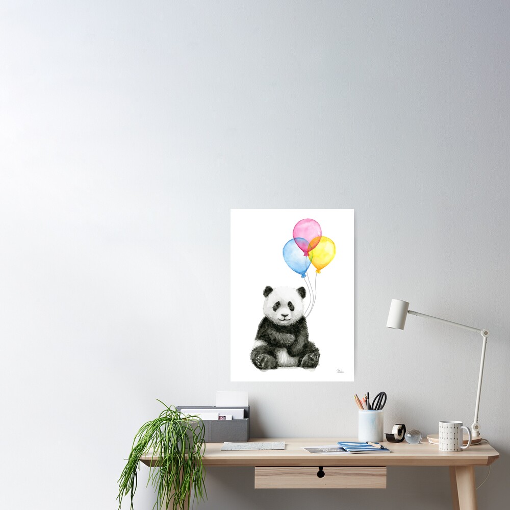 Baby Panda Watercolor with Balloons Nursery Animal Art Poster