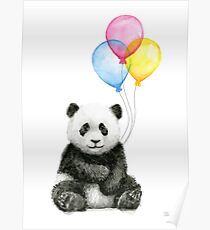Baby Panda Watercolor with Balloons Nursery Animal Art Poster