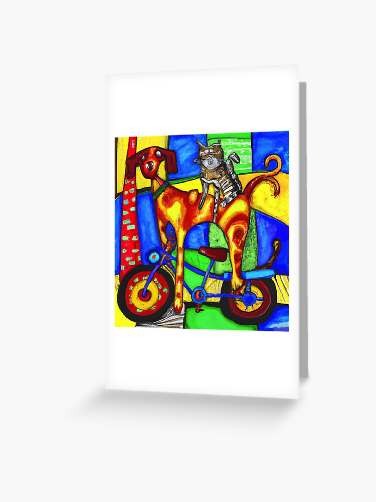 Thumbnail 1 von 2, Grußkarte, Hund und Katze auf dem Fahrrad - Dog and Cat on a Bike designt und verkauft von Evelyn3112.