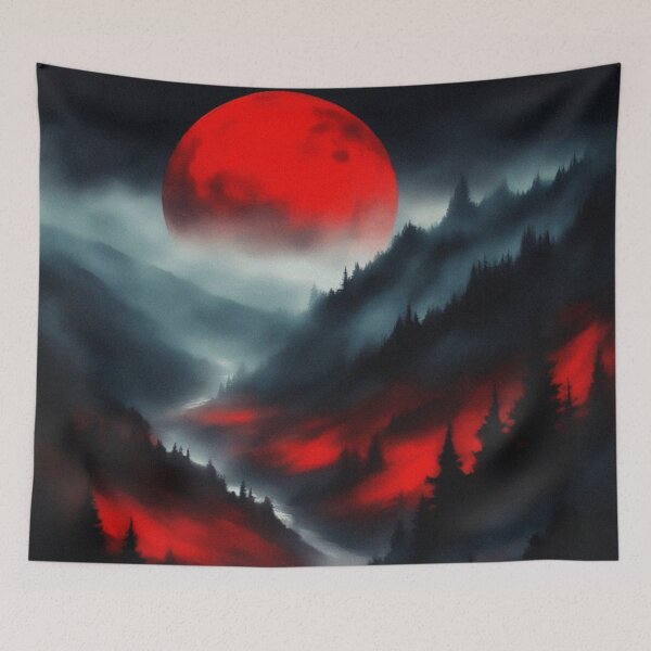 Item preview, Misty Pine Forest Under the Red Moonlight Landscape | Vintage Landscape | Noir Landscape designed and sold by UnhingedBird.