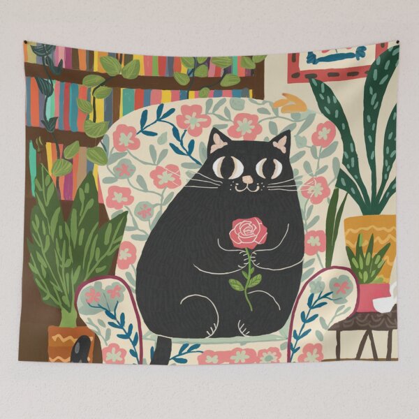 Item preview, This is a rose for you! A cute black kitten in a is chilling in an armchair preparing to hand a rose. designed and sold by SaraSumi.