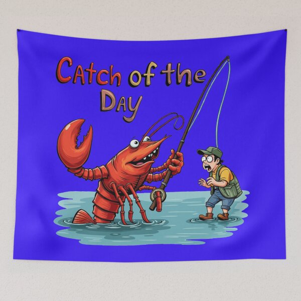 Item preview, Ocean's Revenge: A hilarious illustration of a lobster, wielding a fishing rod, triumphantly reeling in a surprised human fisherman. designed and sold by Grang Art Artistic Designs.