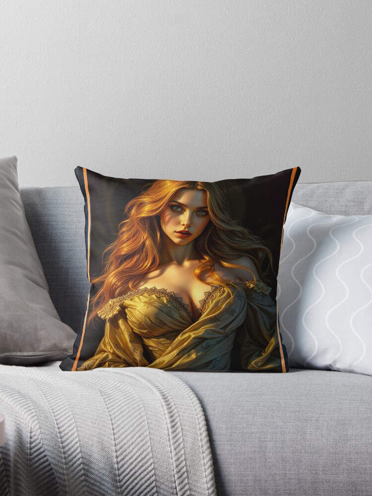 Portrait Of The Golden Haired Blonde, Seraphina During Sunset Mesmerizing AI Concept Art by Xzendor7 Decorative Art Print Throw Pillow