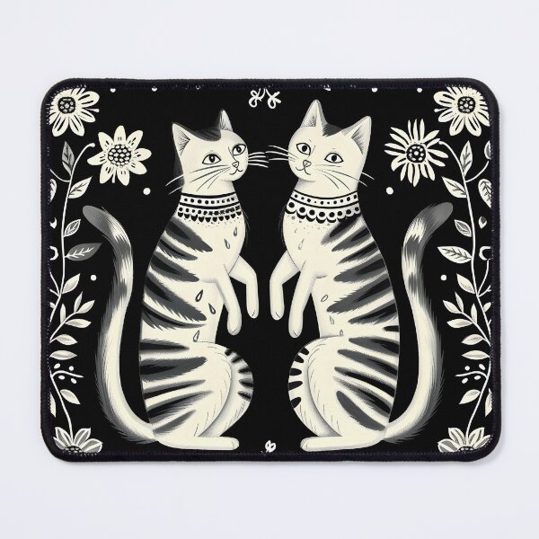 Aperçu de l'œuvre Deux chats image miroir folklorique moderne en noir et blanc créée et vendue par Folksy Living.