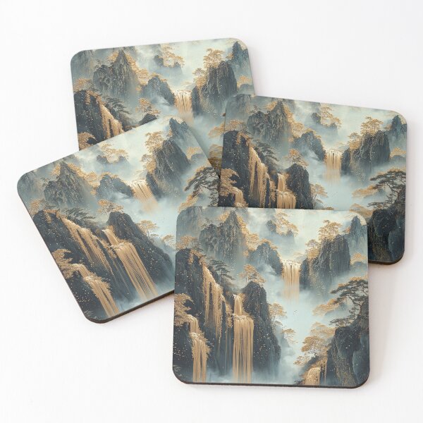 Item preview, Majestic mountains and cascading waterfalls create a serene landscape at dawn, with mist and golden foliage enhancing the view. designed and sold by Jerhus.