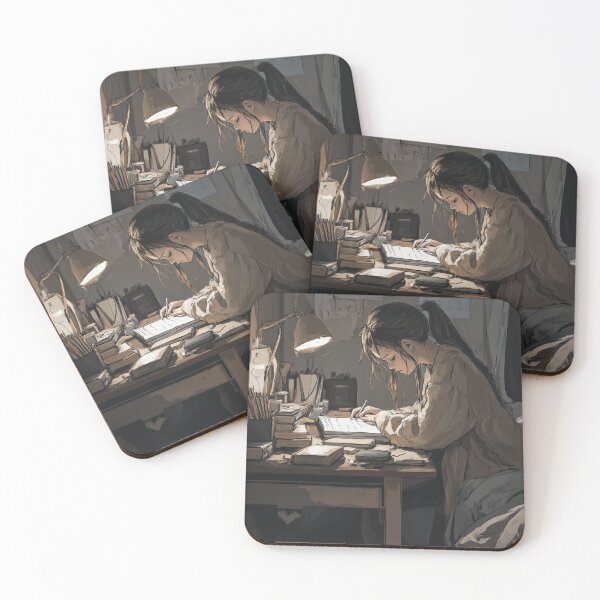Item preview, A student concentrating on his studies at a desk lit by warm light, in a cluttered room, late at night. designed and sold by Jerhus.