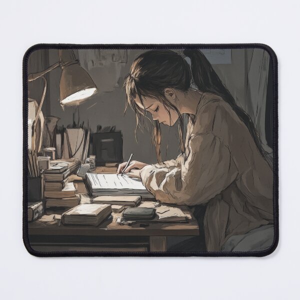 Item preview, A student concentrating on his studies at a desk lit by warm light, in a cluttered room, late at night. designed and sold by Jerhus.