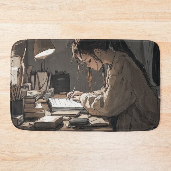 Item preview, A student concentrating on his studies at a desk lit by warm light, in a cluttered room, late at night. designed and sold by Jerhus.