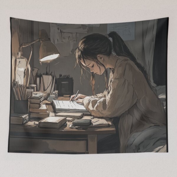Item preview, A student concentrating on his studies at a desk lit by warm light, in a cluttered room, late at night. designed and sold by Jerhus.