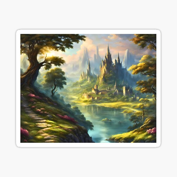 Fantasy Art Style Landscape Design "Green Land Castle" Sticker