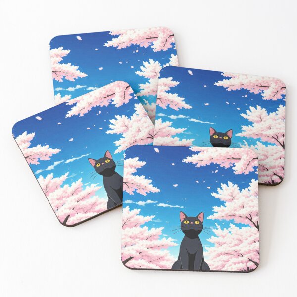 Item preview, Black Cat Looking Up At Falling Sakura Cherry Blossoms designed and sold by Pattern Unhinged.