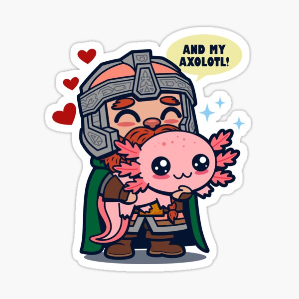 Vista previa del artículo con la obra «Lindo meme de dibujos animados de enano guerrero sosteniendo un axolotl kawaii», diseñado y vendido por BoggsNicolasArt.