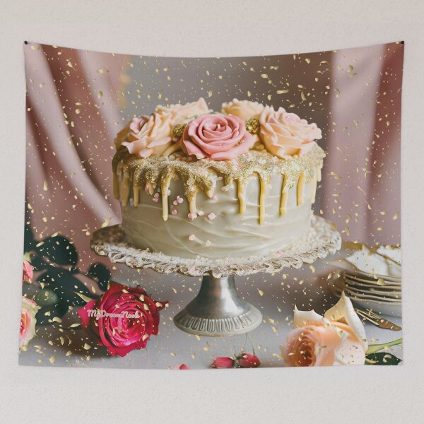 Item preview, Golden Drip Wedding Cake – Romantic Rose Dessert Print designed and sold by My Dream Nook.