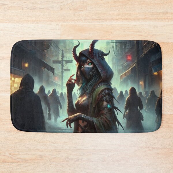 Item preview, AI generated tiefling in busy street, dystopian fantasy designed and sold by AI-this-is-AI.