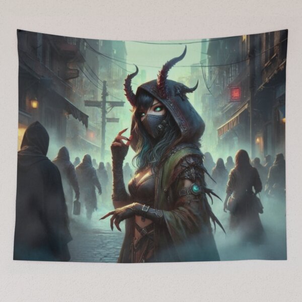 Item preview, AI generated tiefling in busy street, dystopian fantasy designed and sold by AI-this-is-AI.