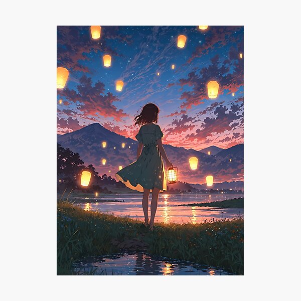 Item preview, Floating Lantern Lake - A Dreamy Retro Anime Artwork designed and sold by LoFizzy.