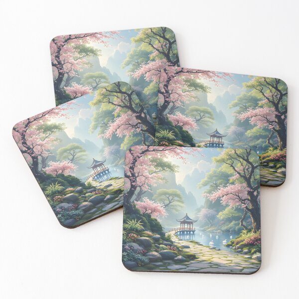 Item preview, Beautiful Asian landscape, pagoda, spring, sakura, cherry trees, mountains, meditation, swans designed and sold by Coolparrotgirl.