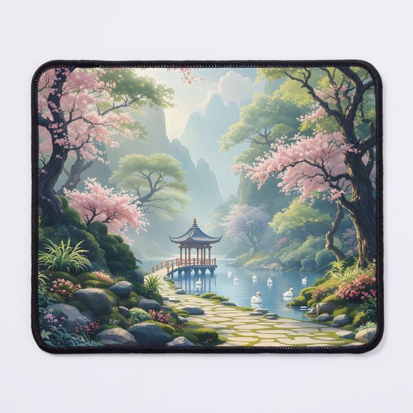 Item preview, Beautiful Asian landscape, pagoda, spring, sakura, cherry trees, mountains, meditation, swans designed and sold by Coolparrotgirl.