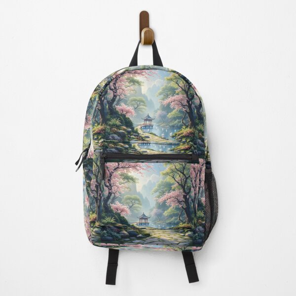 Item preview, Beautiful Asian landscape, pagoda, spring, sakura, cherry trees, mountains, meditation, swans designed and sold by Coolparrotgirl.