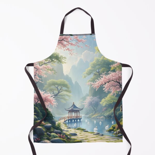 Item preview, Beautiful Asian landscape, pagoda, spring, sakura, cherry trees, mountains, meditation, swans designed and sold by Coolparrotgirl.