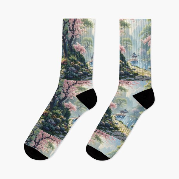 Item preview, Beautiful Asian landscape, pagoda, spring, sakura, cherry trees, mountains, meditation, swans designed and sold by Coolparrotgirl.