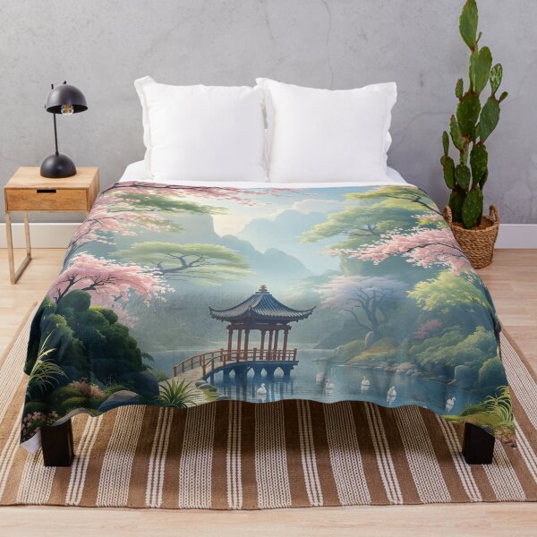 Item preview, Beautiful Asian landscape, pagoda, spring, sakura, cherry trees, mountains, meditation, swans designed and sold by Coolparrotgirl.