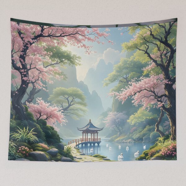 Item preview, Beautiful Asian landscape, pagoda, spring, sakura, cherry trees, mountains, meditation, swans designed and sold by Coolparrotgirl.