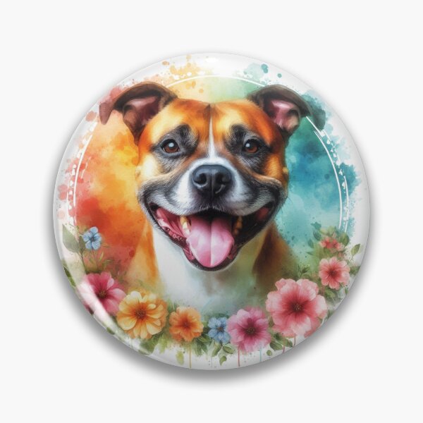 Item preview, Colorful Happy Staffy Watercolor Portrait in Flower Border designed and sold by MaedK.