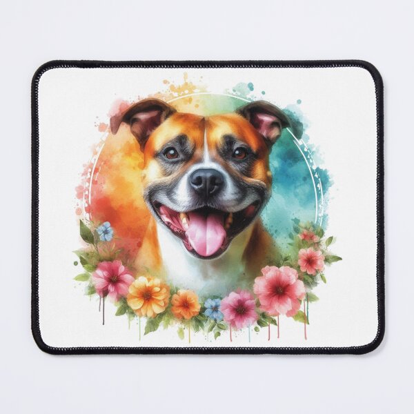 Item preview, Colorful Happy Staffy Watercolor Portrait in Flower Border designed and sold by MaedK.