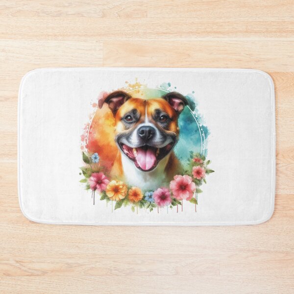 Item preview, Colorful Happy Staffy Watercolor Portrait in Flower Border designed and sold by MaedK.