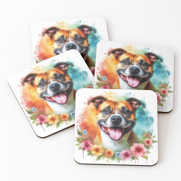 Item preview, Colorful Happy Staffy Watercolor Portrait in Flower Border designed and sold by MaedK.