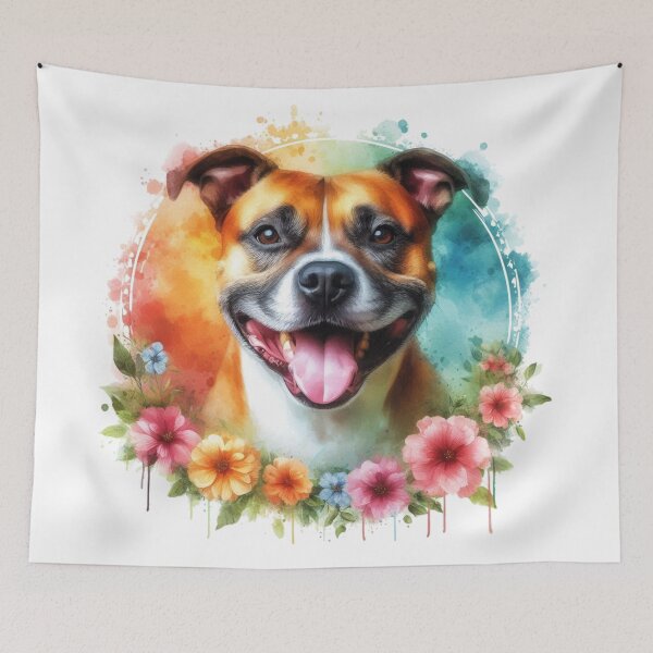 Item preview, Colorful Happy Staffy Watercolor Portrait in Flower Border designed and sold by MaedK.