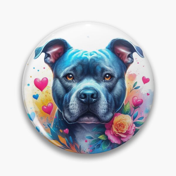 Item preview, Blue Staffy Watercolor Portrait with Hearts and Flowers designed and sold by MaedK.