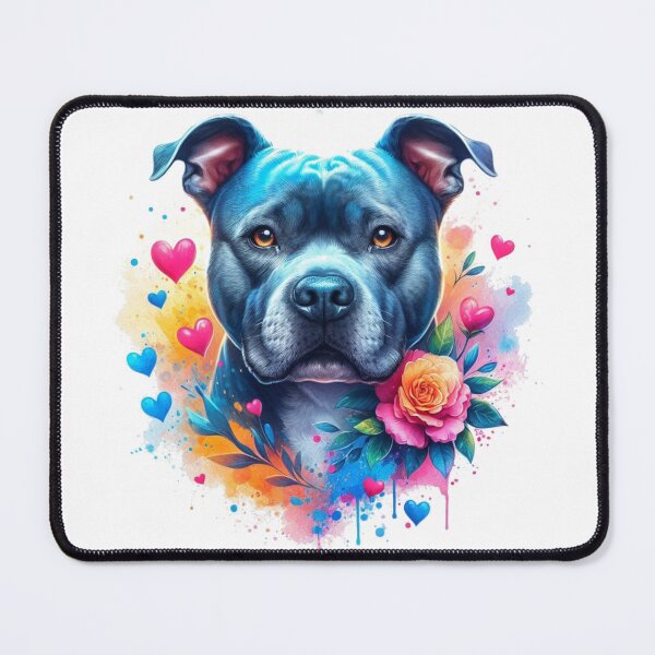 Item preview, Blue Staffy Watercolor Portrait with Hearts and Flowers designed and sold by MaedK.