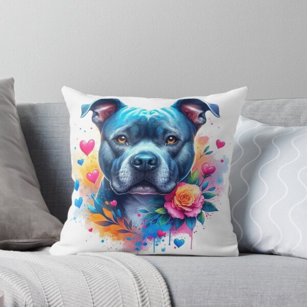 Item preview, Blue Staffy Watercolor Portrait with Hearts and Flowers designed and sold by MaedK.