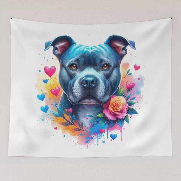 Item preview, Blue Staffy Watercolor Portrait with Hearts and Flowers designed and sold by MaedK.